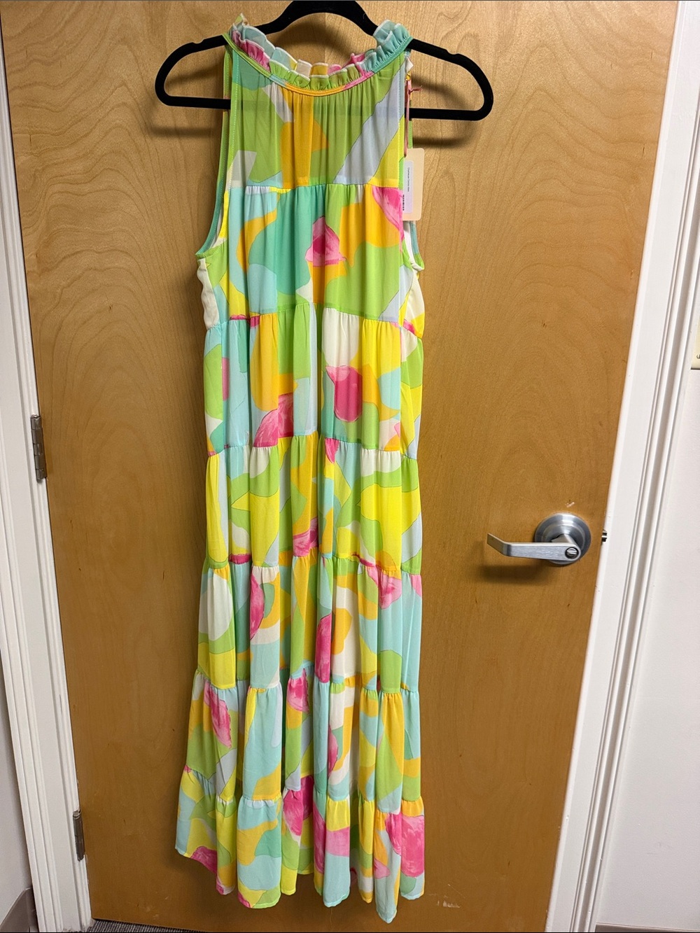 entro Tiered Maxi Dress in Lime, Yellow, Mint & Pink Abstract Print
